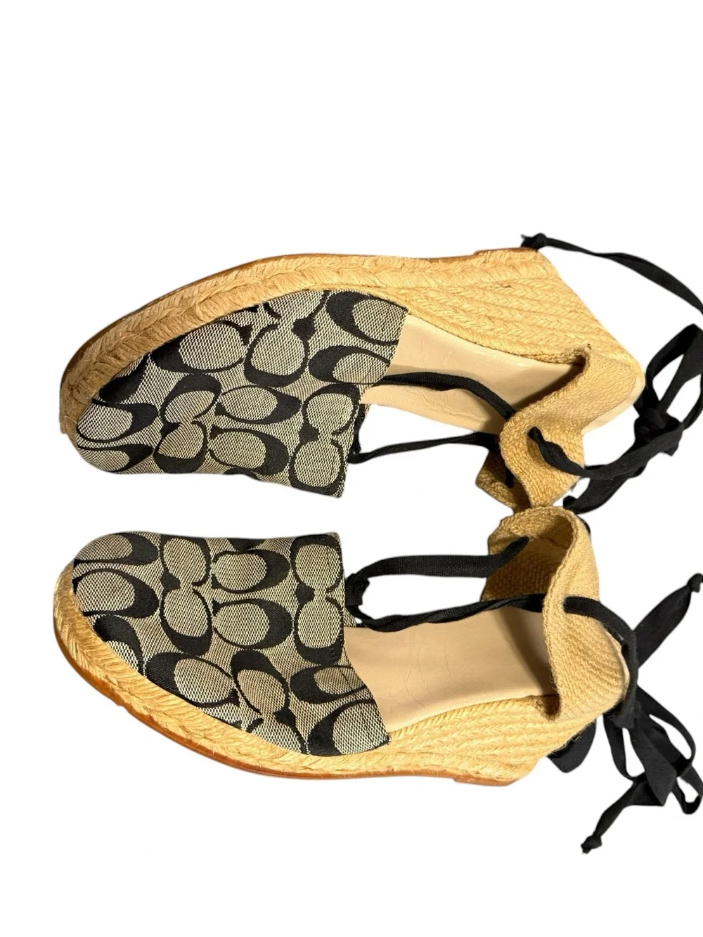 Coach Black Signature Jacquard Espadrille Wedge Sandals Lace-Up Ankle Tie size 9